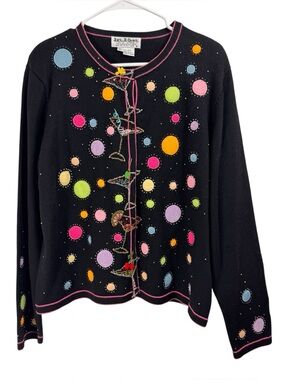 Vintage Jack B Quick Size XL Black Martini Party Polka Dot Cardigan Sweater Fun